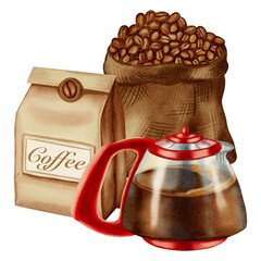 Watercolor illustration of a jute bag with roasted coffee beans and a kraft bag containing coffee and a coffee pot. Illustrations for coffee shops, cafes, packaging, menus, and product design.
