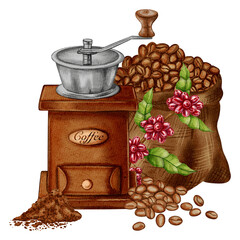 Watercolor illustration of a vintage manual coffee grinder. Craft coffee bag and jute bag with coffee beans. Illustrations for coffee shops, cafes, packaging, menus, and product design.