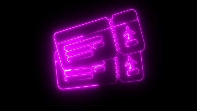 Abstract Glowing Neon Airplane Ticket Icon animation on black background. Animated hand selecting flight tickets from a digital travel booking interface. 4k motion graphics animation .