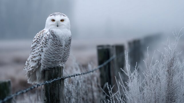 A snowy owl sitting on a fence post in a quiet winter meadow,