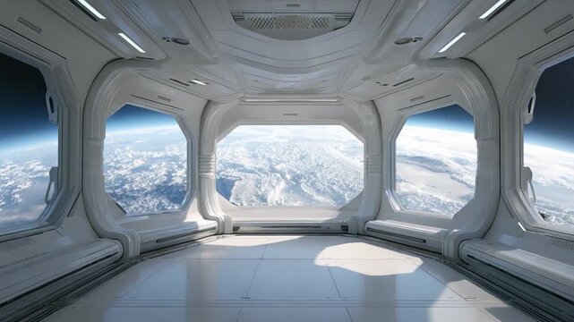 Spacecraft interior view: A sleek, futuristic spacecraft interior, featuring expansive panoramic windows that offer breathtaking views of Earth from space.