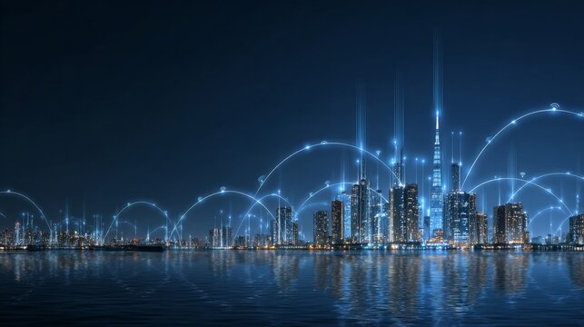 Smart city and big data connection technology concept with digital blue wavy wires with antennas on night megapolis city sky