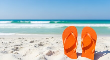 Fototapeta premium Bright orange flip flops resting on soft white sand with turquoise ocean waves and clear blue sky in background