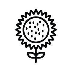 A black line drawing of a sunflower The flower has a round center with seeds