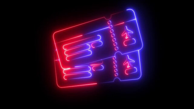 Abstract Glowing Neon Airplane Ticket Icon animation on black background. Animated hand selecting flight tickets from a digital travel booking interface. 4k motion graphics animation .