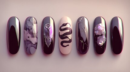 A row of six distinct nail tips showcasing various artistic designs, including marble effects, an owl emblem, a coiled snake, and sparkling purple gems, against a neutral background