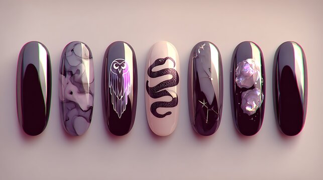 A row of six distinct nail tips showcasing various artistic designs, including marble effects, an owl emblem, a coiled snake, and sparkling purple gems, against a neutral background