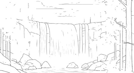 Black and White Line Art of a Majestic Waterfall in a Serene Nature Landscape