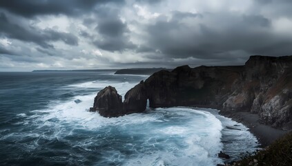 Dramatic coastal landscape with stormy skies and powerful ocean waves crashing against rocky cliffs, perfect for travel inspiration and adventurous brands