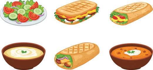 Healthy food, salad, sandwich, wrap, soup, lunch, lifestyle, diet, cooking, culinary, restaurant, comfort food, illustration