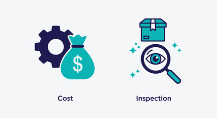 Vector illustration of conceptual icons representing cost and inspection, with a gear and money bag on the left, and a magnifying glass over an eye and a package on the right