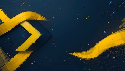 Abstract dark blue background with dynamic yellow geometric shapes and digital accents, creating a modern and energetic visual.