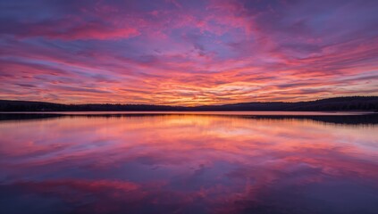 Stunning sunset sky reflecting vibrant colors on calm lake water creating a breathtaking scenic landscape