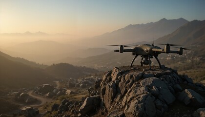 Camouflaged military drone perched on a rocky outcrop overlooking a valley military base