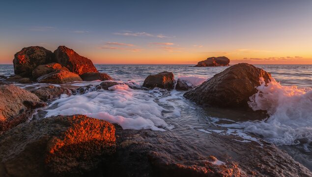 Dramatic sunset over ocean waves crashing against rocky shoreline creating stunning coastal scenery, golden hour