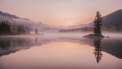 Stunning sunrise over misty lake with mountain reflections, perfect for travel, wellness, and serenity concepts
