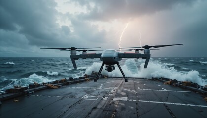 Maritime surveillance UAV launching from a naval ship’s deck during a stormy day