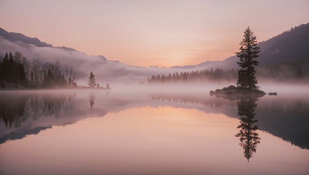 Stunning sunrise over misty lake with mountain reflections, perfect for travel, wellness, and serenity concepts