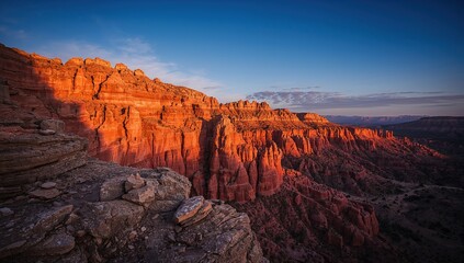 Dramatic red rock canyon landscape bathed in warm sunset light, evoking freedom and adventure for travel campaigns