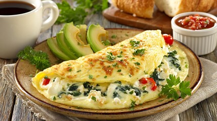 A delicious and healthy omelet filled with spinach and cheese, served with sliced avocado, fresh parsley, a cup of coffee, and a side of salsa for a perfect breakfast meal
