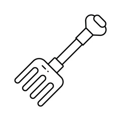 A blackandwhite drawing of a toy rake featuring a wide head with curved tines and a handle with a rounded grip