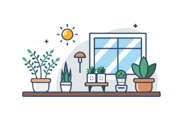 Cozy home interior with potted plants on a shelf near a window with sunlight