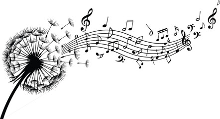 Dandelion seeds blowing in wind, transforming into musical notes, creative black and white illustration, harmony of nature and music art © Soni