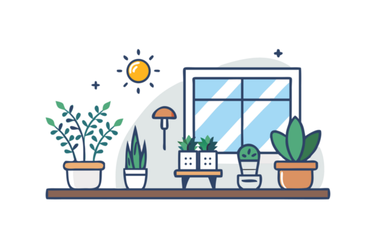 Cozy home interior with potted plants on a shelf near a window with sunlight