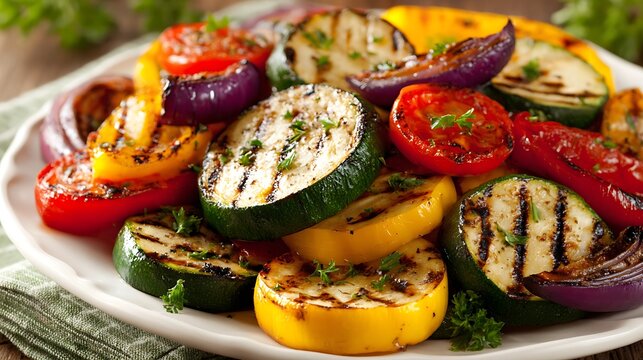 A delightful presentation of assorted grilled vegetables served on a white platter, showcasing slices of zucchini, tomatoes, red onions, and bell peppers, seasoned and garnished with fresh herbs