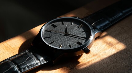 Stylish wristwatch with black leather strap and minimalist design resting on a wooden table, capturing the essence of time
