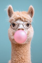 Naklejka premium Cute Alpaca Blowing Bubblegum in Glasses Against a Light Blue Background