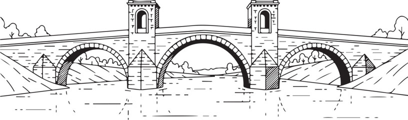 Hand-Drawn Illustration of a Historic Stone Arch Bridge over a River