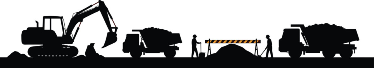 Construction site silhouette, excavator, dump truck, workers with tools, barricade, digging scene, teamwork, black vector, industrial labor, machinery, dirt pile