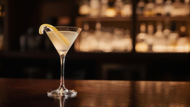 Elegant Martini Cocktail with Lemon Garnish on a Dark Bar Counter.