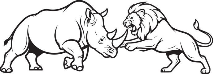 Aggressive Rhinoceros and Lion Confrontation Line Art Illustration