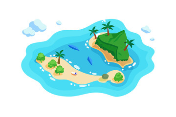 Naklejka premium Cartoon aerial view of a vibrant tropical island paradise with turquoise water and palm trees