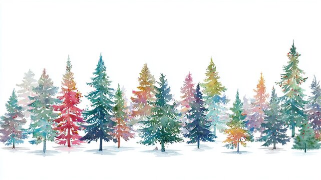 A festive watercolor forest features a variety of brightly colored evergreen trees set against a snowy white background, creating a whimsical winter scene.