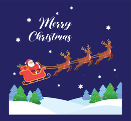 Santa Claus Flying with Reindeer Sleigh Over Snowy Mountains | Merry Christmas vector