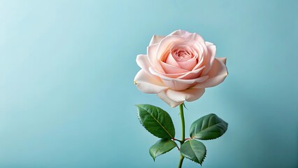 A single delicate pink rose with green leaves against a soft blue background