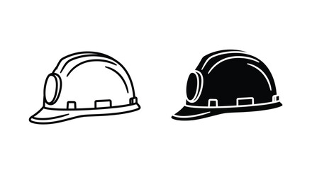 Fototapeta premium Line art illustration of two hard hats, one white and one black.
