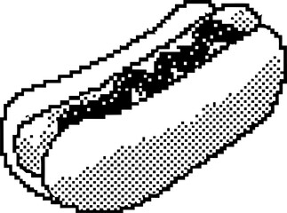 Pixelated hot dog illustration, classic fast food snack with sausage and bun in retro black and white dotted