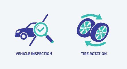 Vector illustration of car maintenance icons vehicle inspection with magnifying glass and checkmark, and tire rotation with spinning wheels, isolated on a light gray background
