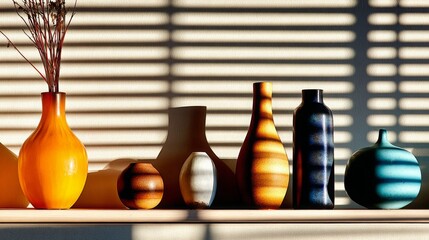 Sunlight streaming through blinds, illuminating a row of colorful objects on a shelf, creating a warm and inviting atmosphere