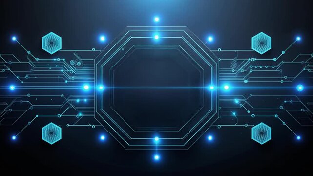 Abstract technology background with glowing blue circuit board elements.