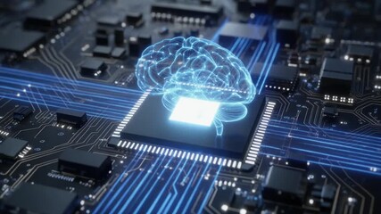 Artificial intelligence brain on a computer chip, symbolizing advanced technology. - Powered by Adobe