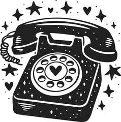Vintage rotary telephone with heart symbol and decorative stars, retro communication illustration, black and white graphic art