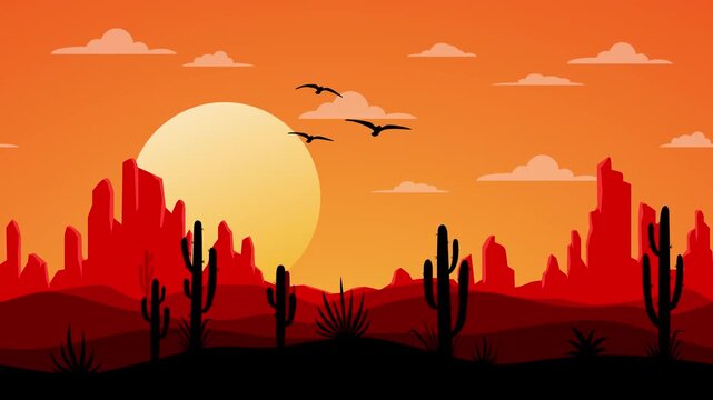 Moving landscape with desert and cactus and flying birds. Sunrise and sunset. Looped animation background in flat style. 4k stock footage