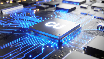 Close-up of a computer chip with blue light trails.