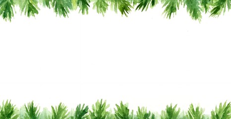 Simple watercolor Christmas border with green pine or fir branches at the top and bottom on a white background