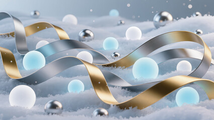Elegant 3D Render Golden and Silver Ribbons with Glowing Orbs Abstract